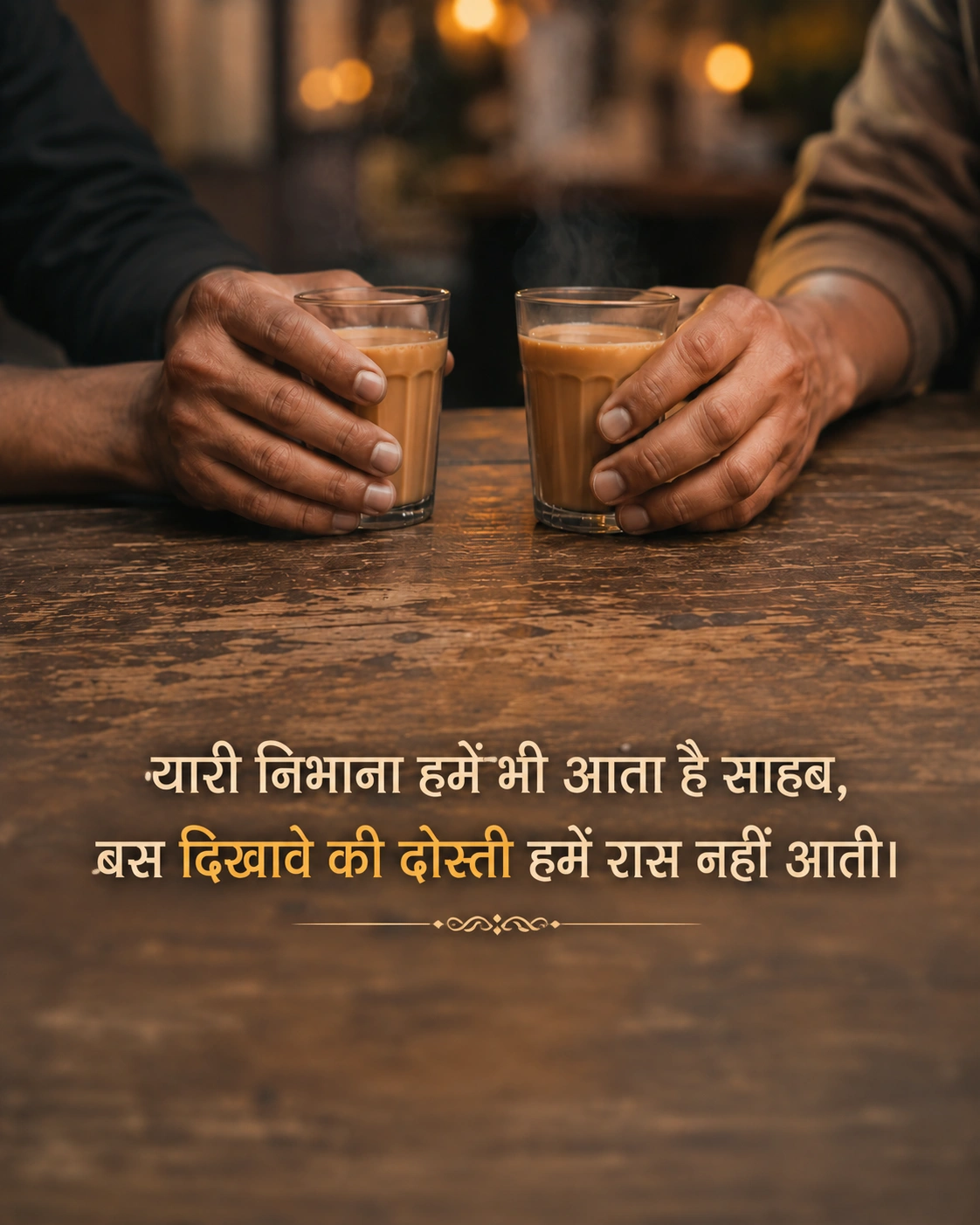 दो लाइन दोस्ती शायरी के लिए चाय की प्यालियों के साथ दोस्तों का पल